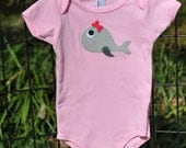 Girl Whale Pink Onesie - American Apparel 100% Cotton Pink Bodysuit - Light Grey Felt Handstitched Whale with Bow - Baby or Toddler