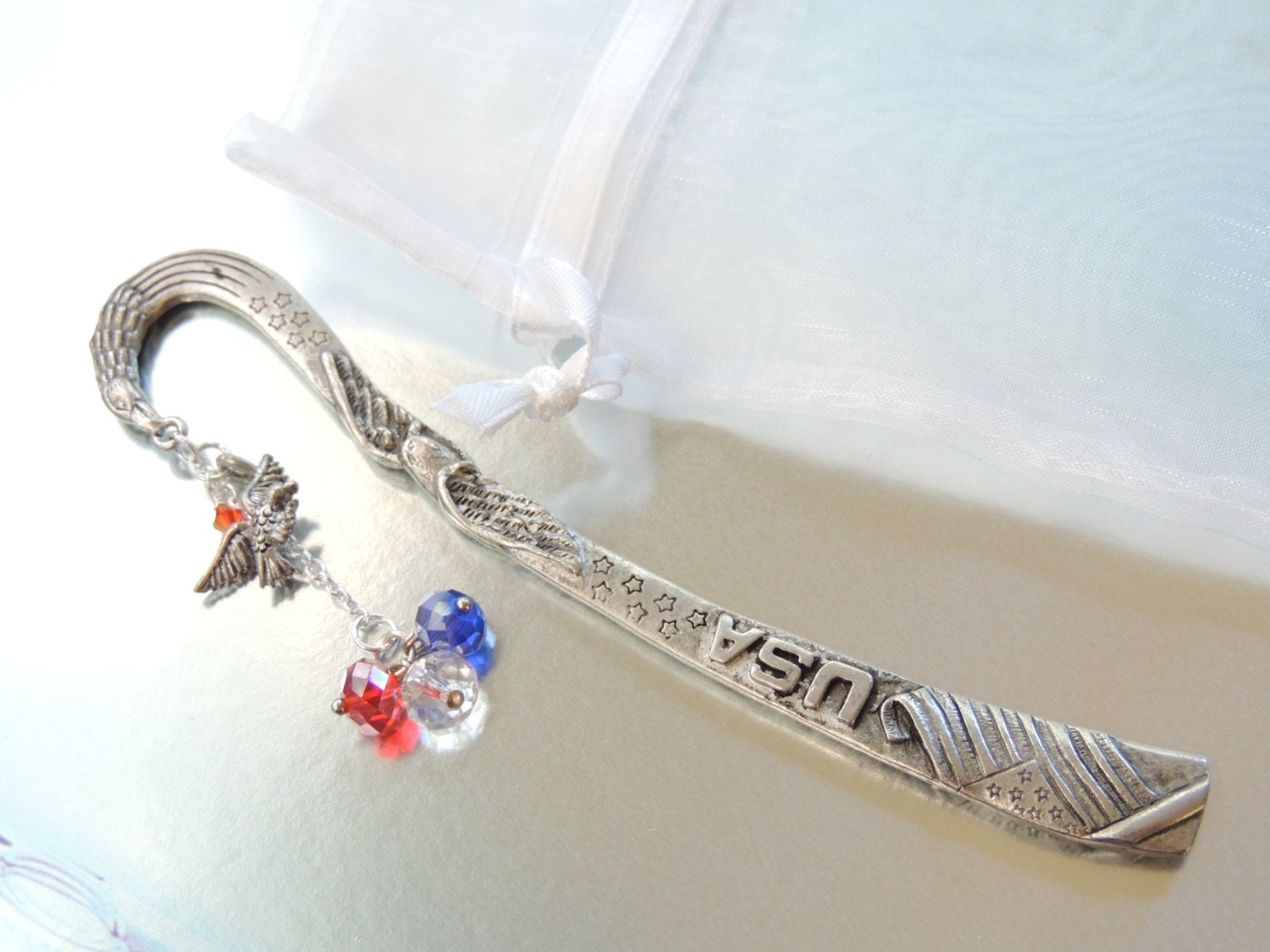 USA Patriotic Bookmark, Beaded Bookmark, Eagle Bookmark, Metal Bookmark, Pewter Bookmark. A361