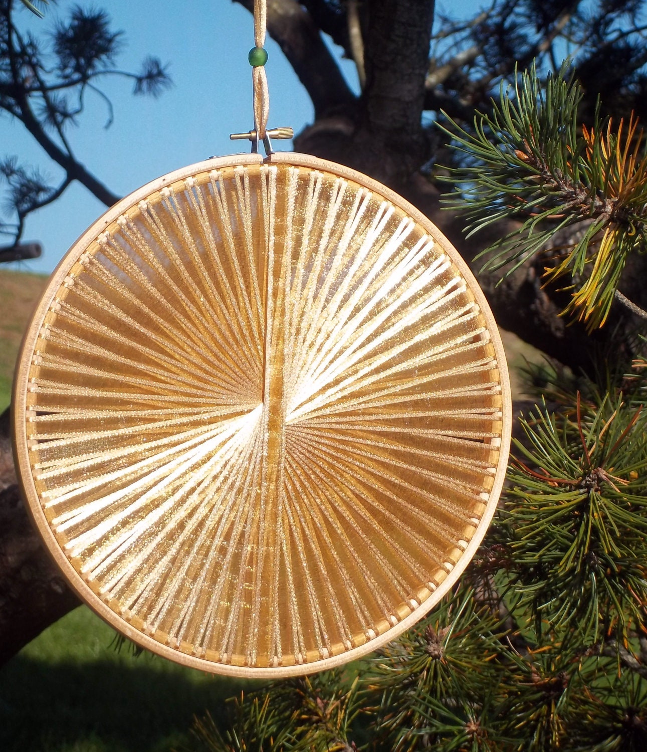 Gold Christmas Decoration - Handmade Light Catcher - 9 Inch Diameter - Bright Green Glass Bead - Home Holiday Decor