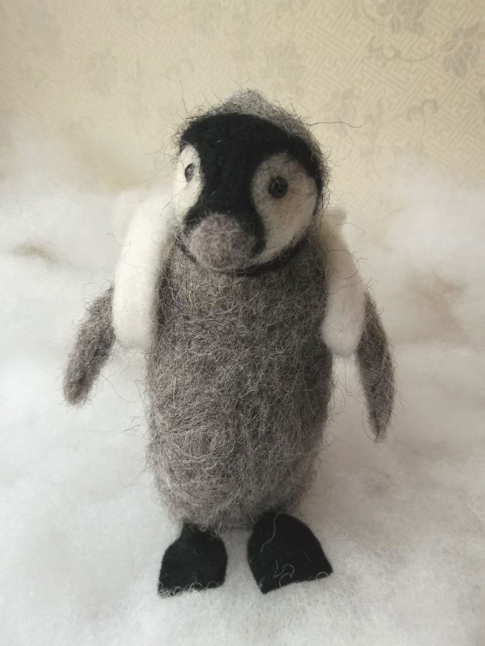 Needle Felted Animal OOAK Miniature Baby Penguin With Rucksack & Felted Fish Handmade