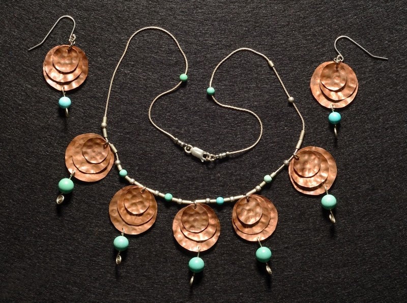Unique Jewelry Set Copper and Turquoise Necklace and Earrings One Of A Kind OOAK (3014-3015)