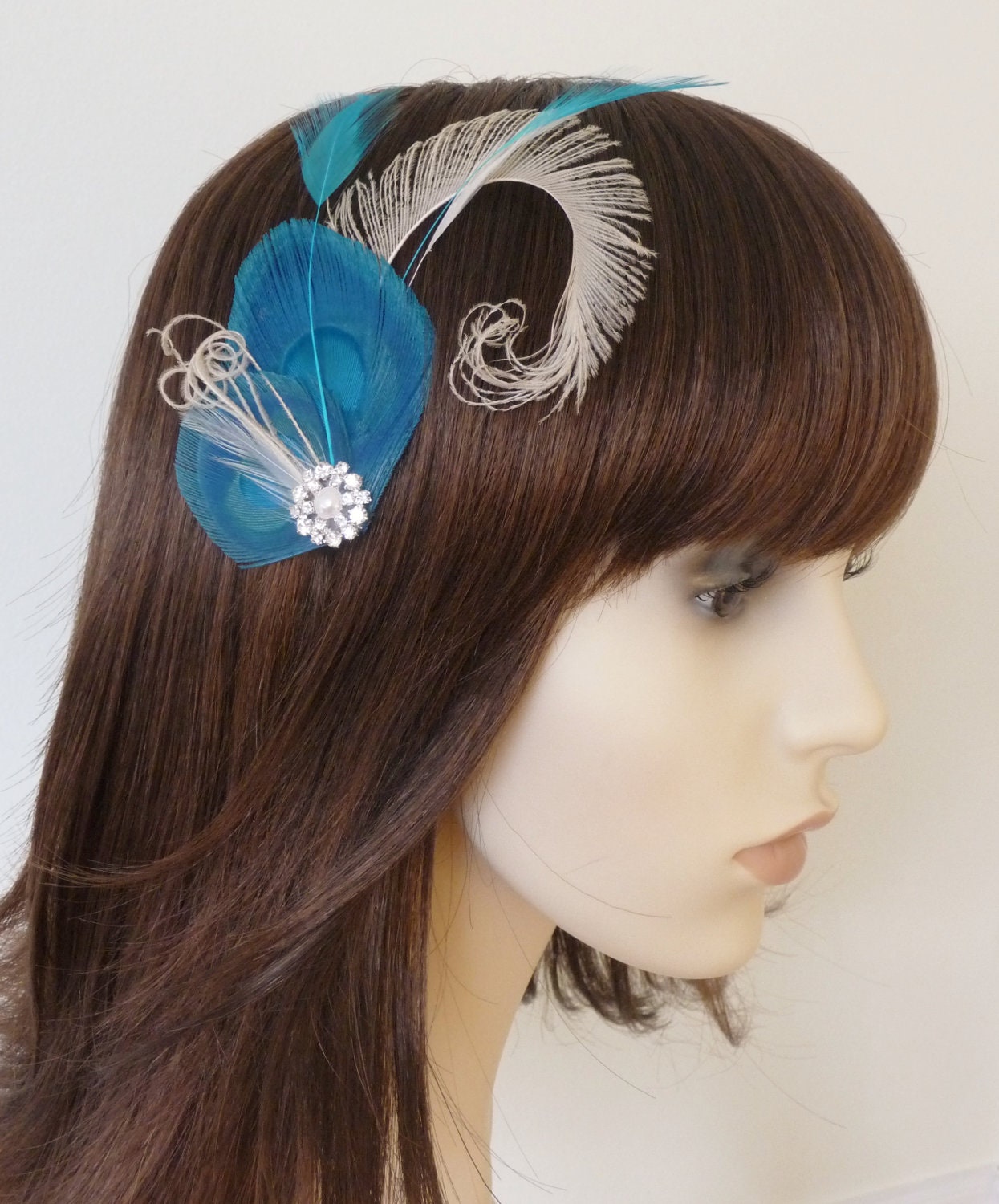 Turquoise Blue Cream Peacock Feather Hair Clip Fascinator Ivory and Crystal Wedding Bridal Bridesmaid Hair Accessory 'Willa''
