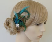 Peacock Feather Hair Clip Turquoise Blue Fascinator 1920's Bridesmaids Hair Accessory Crystal Flapper Wedding 'Althea'