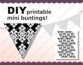 Printable Mini buntings Party Supply Black & White Damask images on 8,5 x 11" sheet triangular pennants DIY Digital Collage Sheet cf00006-1b