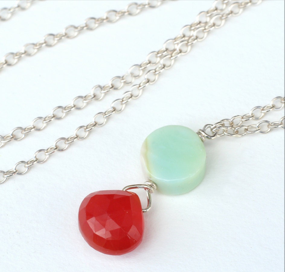 stone pendant necklace carnelian peruvian opal sterling silver chain boho jewelry gift under 40 natural deep orange and aqua stone