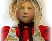 Doll, Photo Face Doll, Handmade, Cloth Doll, Vintage Photograph, OOAK, Ragdoll, Red, Vintage print, light blue, leather shoes, polka dots,