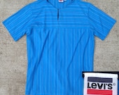 Vintage Levi's 80s Blue Stripe Collarless Retro White Tab Mens Short Sleeve Shirt XL