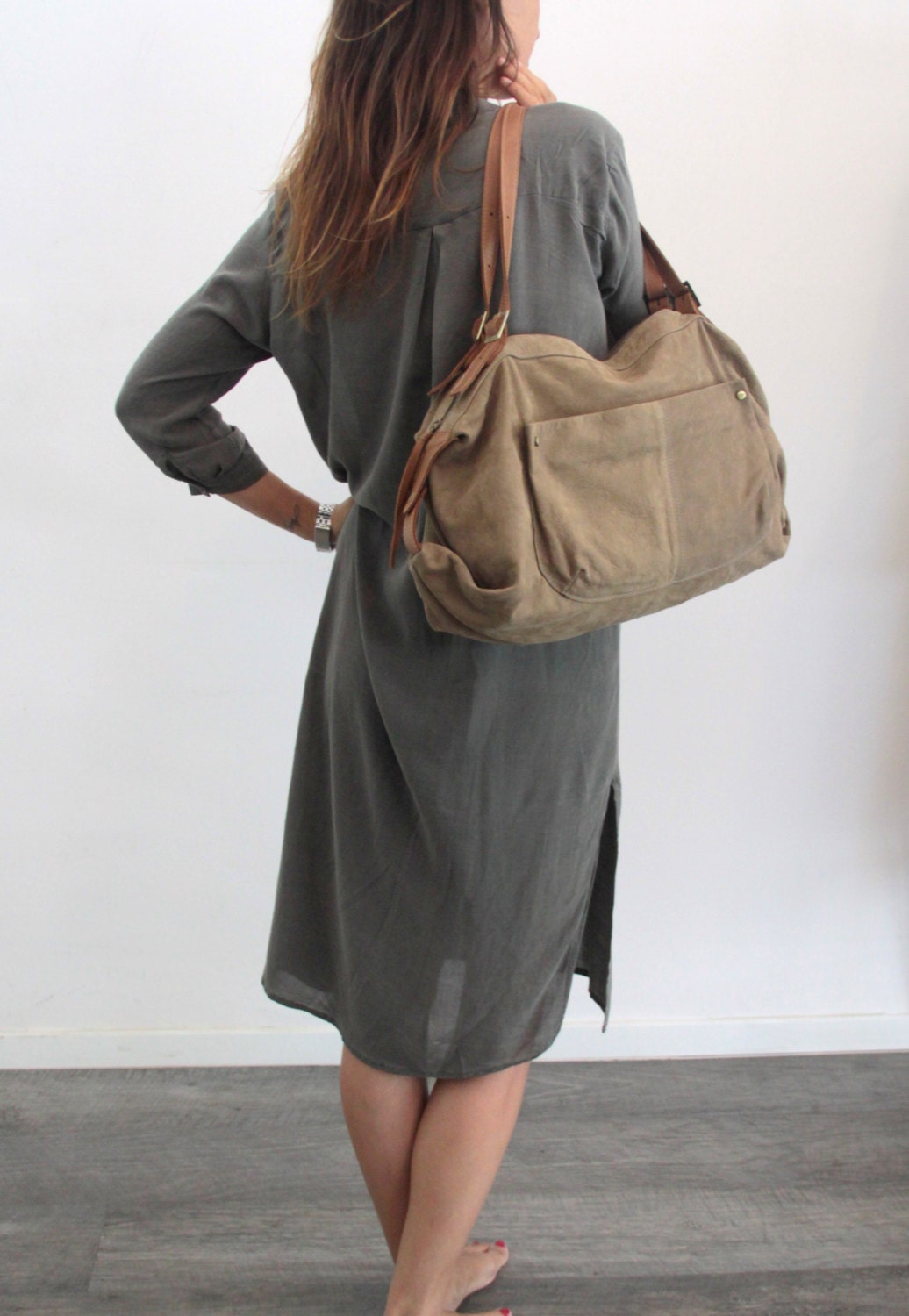 Khaki duffle bag- Soft Leather bag-Lulu Bag