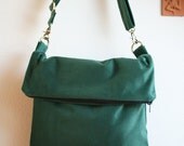 Shamrock Green. Large velvet fold over zipper messenger with adjustable strap. Upcycled.