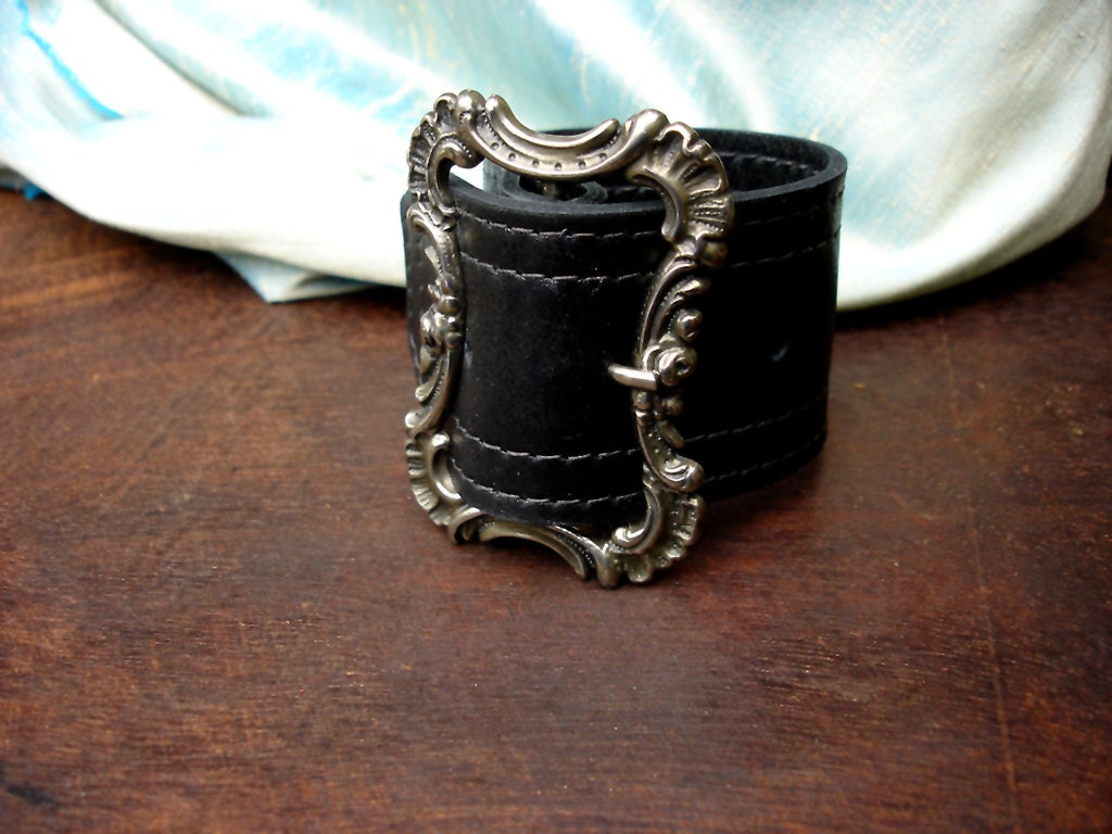 Wide Black Leather Cuff with Victorian Buckle - Handmade Martine Goth Rocker Bracelet Adjustable