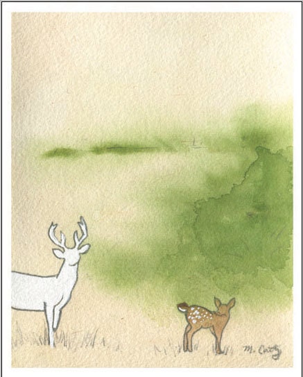 Deer print, deer and fawn, deer art, woodland art print, woodland nursery art, maine art