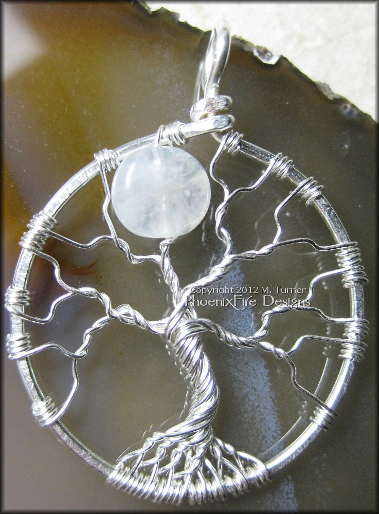 Mini Rainbow Moonstone Full Moon Tree of Life Pendant in Sterling Silver Wire Wrapped Natural Genuine Gemstone Luna Lunar
