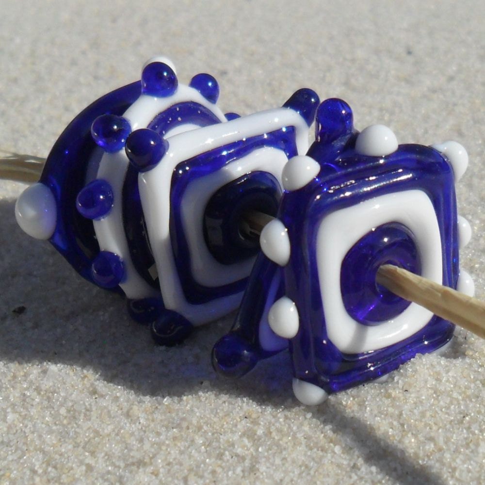Lampwork Disks, Cobalt & White, Square-Round-Triangle, Handmade SRA LETEAM Glassymom