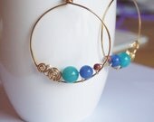 Klimt earrings - round - teal jade, blue agate, sandstone, cream Swarovski pearl