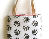 Black and White Nautical Ships Wheel Cotton Tote Bag Shopper with Red and White Polka Dot Linging and Sturdy Canvas Straps
