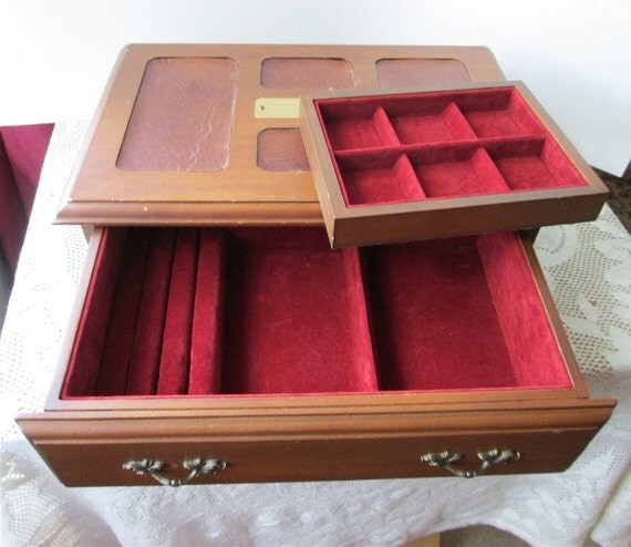 Buy Wood Jewelry Armoire Dresser. - Mens Valet Chest Dresser Wood Jewelry Box Vintage Red Flock Leather Organizer