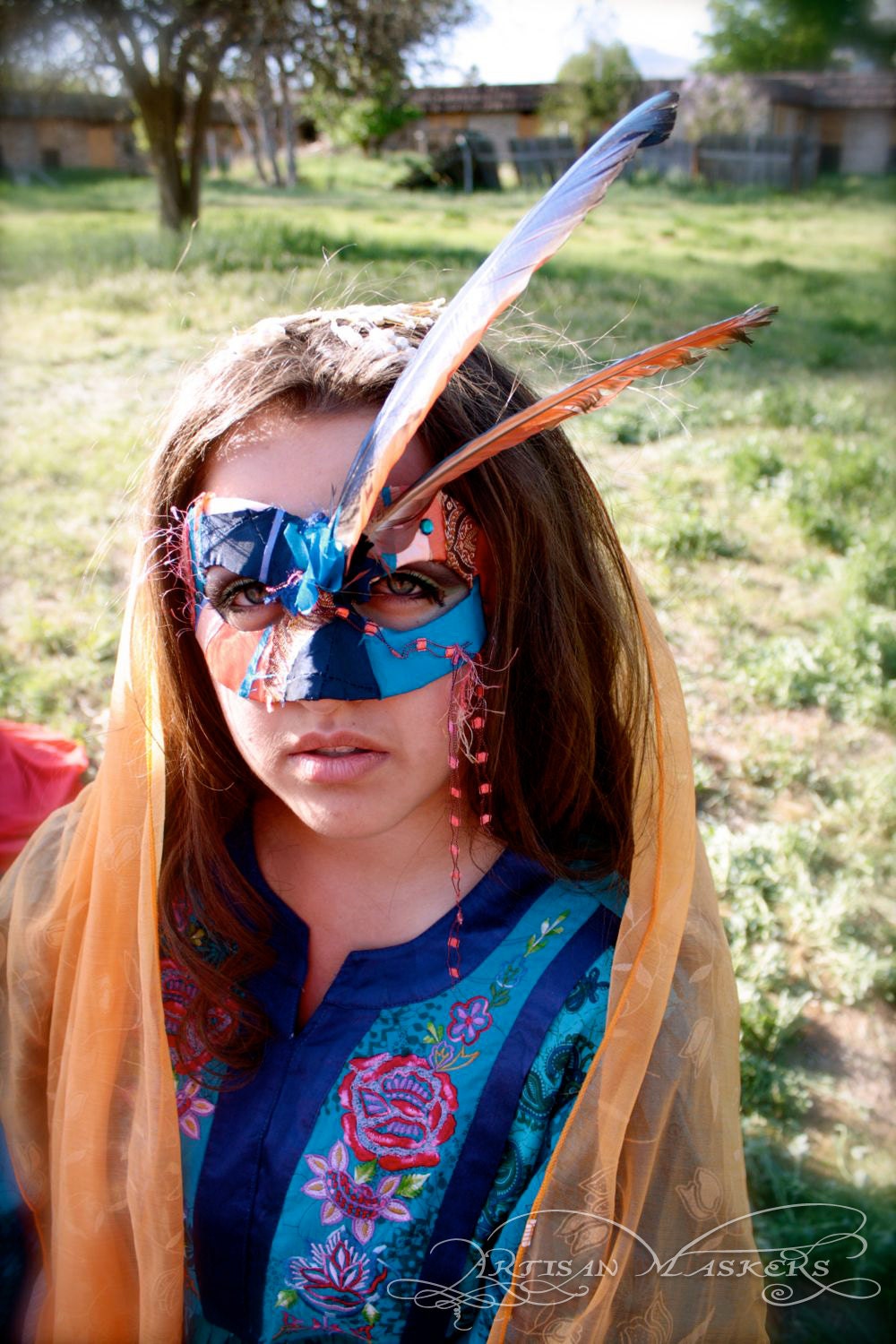 Amazon - OOAK Scrap Mask with Cruelty Free Macaw Feathers - Indigo, Teal, and Orange