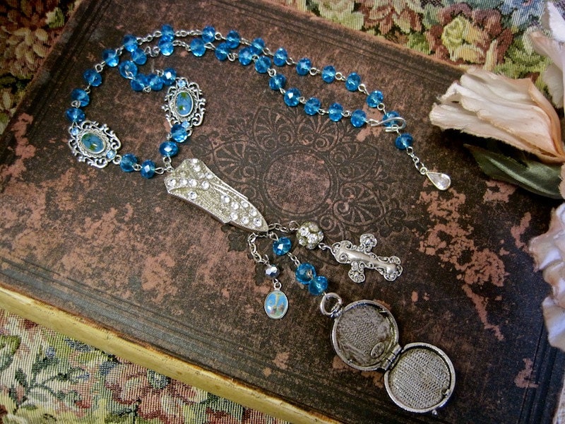 Endearing Young Charms:  Vintage Assemblage Choker Necklace Adjustable Turquoise Crystals Ornate Locket Cross Rosary Style