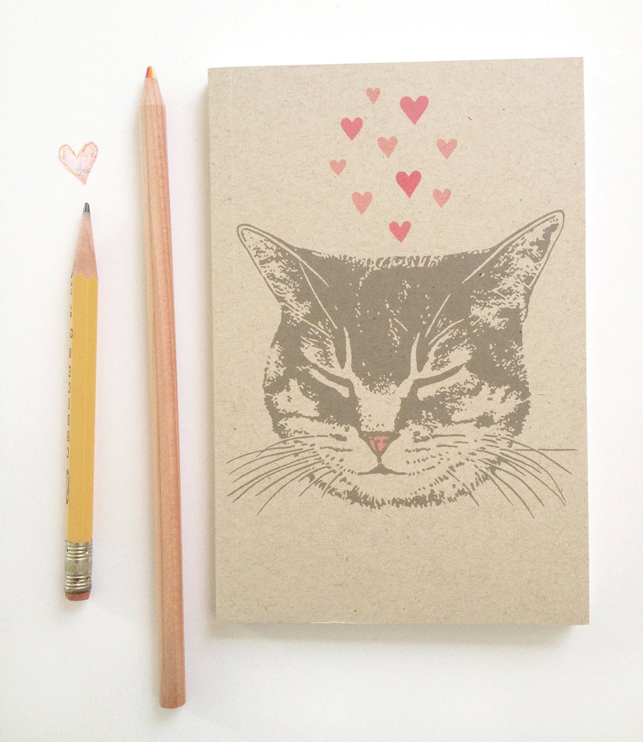 Cute Tabby Cat Journal, blank sketch book, recycled paper, small pocket size, kitty love design with pink hearts