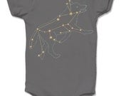 Asphalt Gray Lupus Wolf Bodysuit - animal star constellation print, metallic gold foil screenprint, short sleeve baby onesie