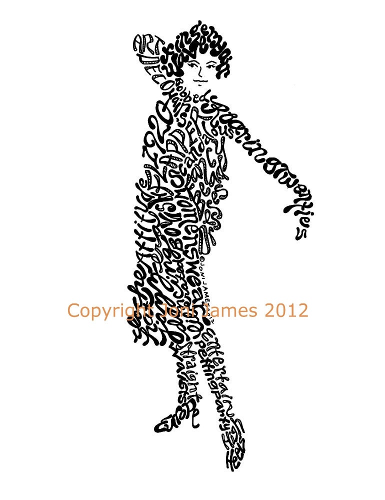 1920s Fashion Illustration Flapper Girl Art Calligram Word Art, 1920's Art Typography Drawing, Pen and Ink Matted Print Gift Under 20