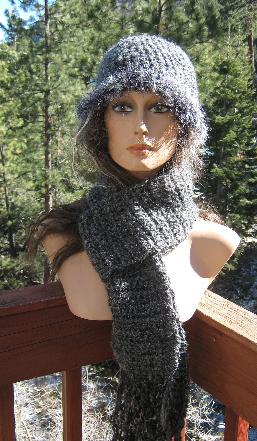 Gray Hat and Scarf Set  Hand Crocheted Knit Vegan Free Shipping