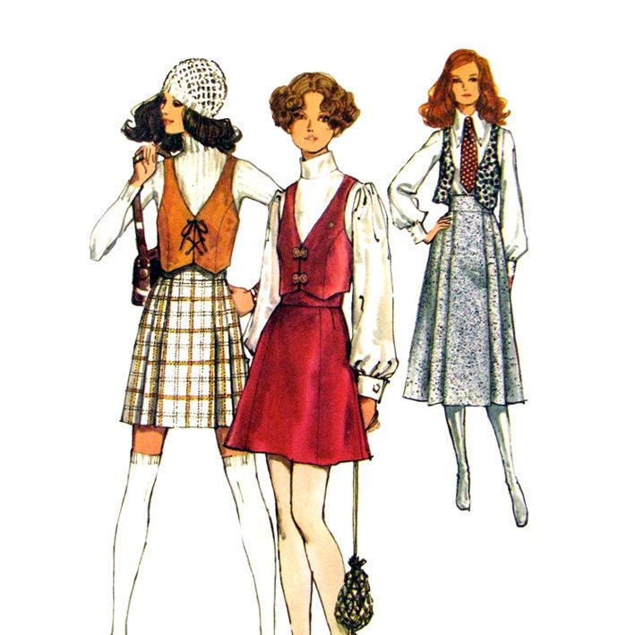 Vintage 1970s Vest & Mini or Midi Skirt Pattern Simplicity 8930 High Waist Gored or Pleated Bust 34