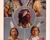 Chieftains of a Vanishing Race - Native American Faces - Vintage 1920s Children's Book Plate
