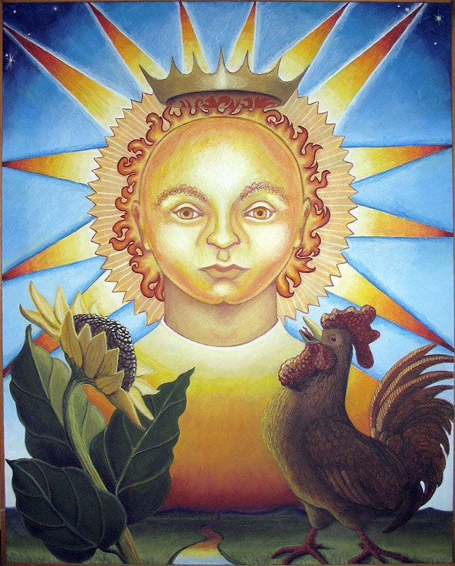 SOL original oil painting by Sheryl Humphrey sun light sunflower rooster dawn - Free U.S. shipping