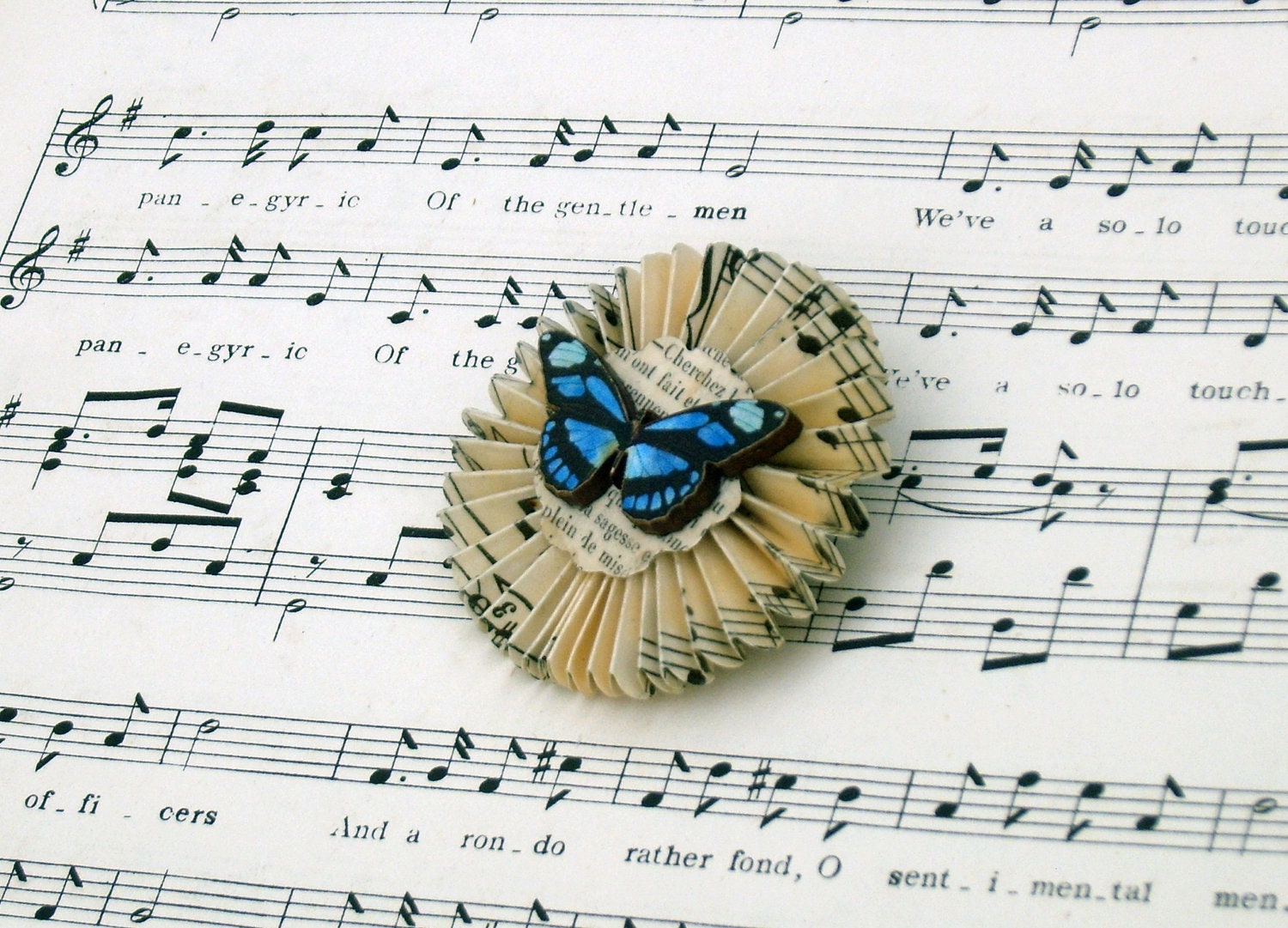 Blue Butterfly Brooch,Vintage Sheet Music Rosette