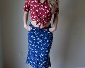 70s Floral Skirt / Flared Hem / Printed Denim / Bohemian Skirt / Patchwork Jean Skirt / Liberty Floral Skirt / Size Medium-Large med md lg