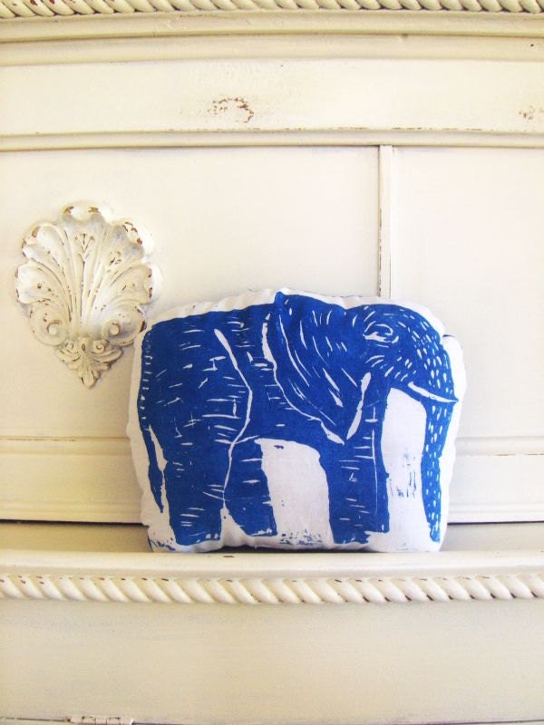 Plush Elephant Pillow. Woodblock Printed.Choose ANY Color. Made to order.
