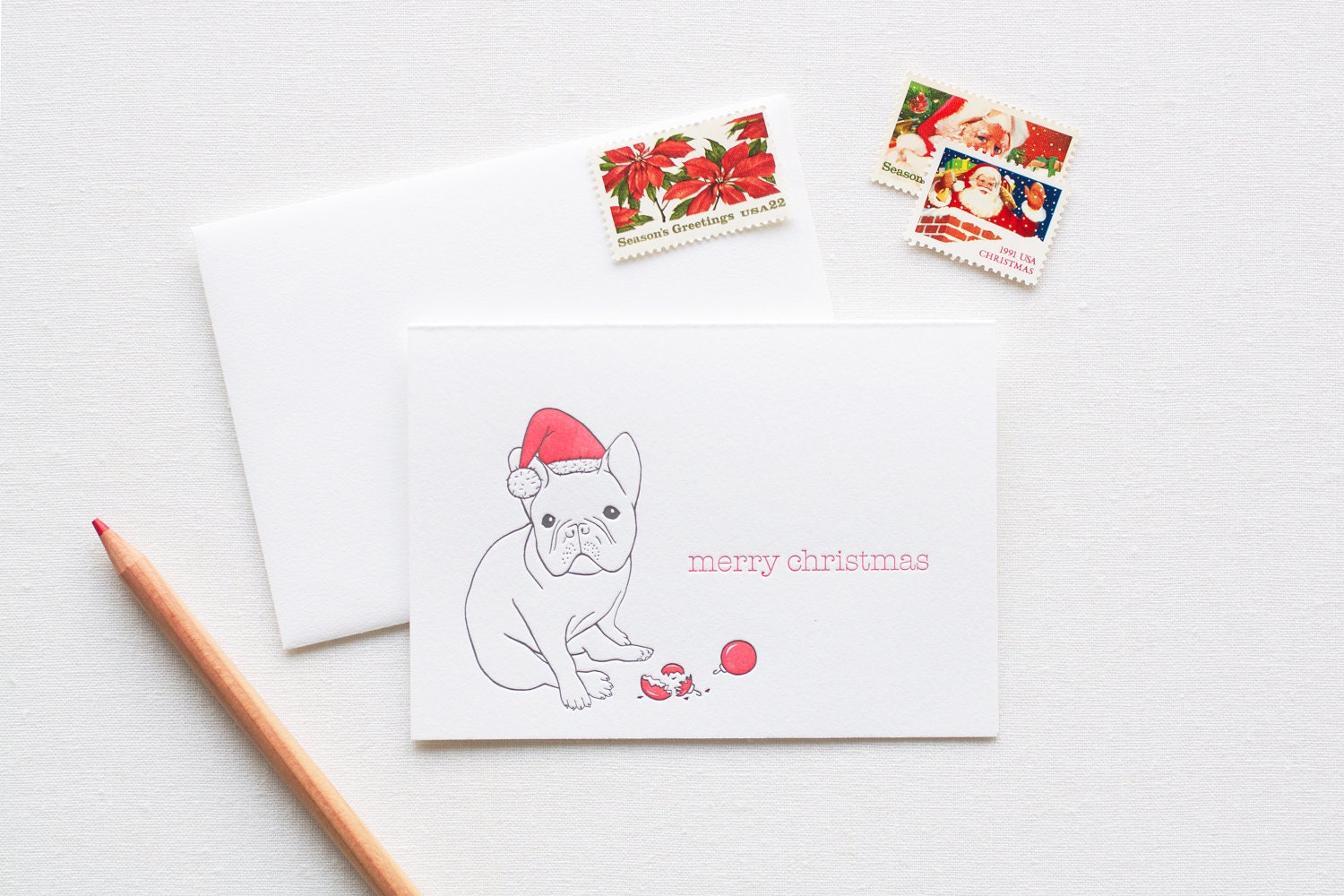 Merry Christmas French Bulldog Letterpress Cards (Box of 6)