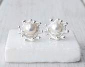 Snow White Pearl Earring, Sterling Silver Sea Coral and Pearl Stud, Bridal Jewelry, June Birthstone, Fine Santorini Wedding Jewelry, Summer