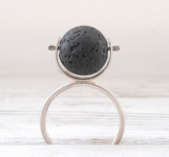 Black Lava Rock Santorini Ring - Sterling Silver Ring - Geometric Eccentric Ring - Wearable Art - Black Jewel - Architectural Ring