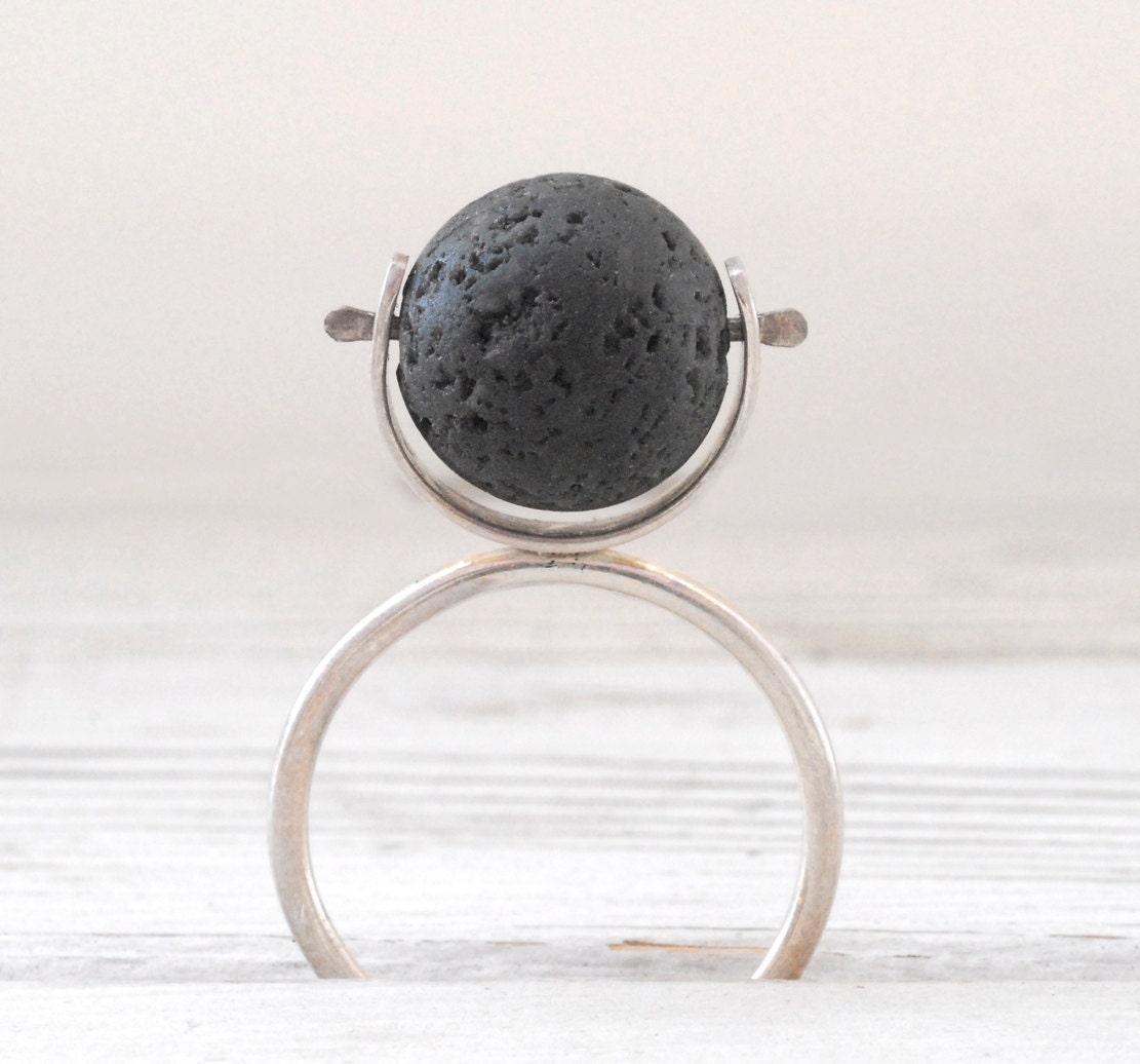 Black Lava Rock Santorini Ring - Sterling Silver Ring - Geometric Eccentric Ring - Wearable Art - Black Jewel - Architectural Ring