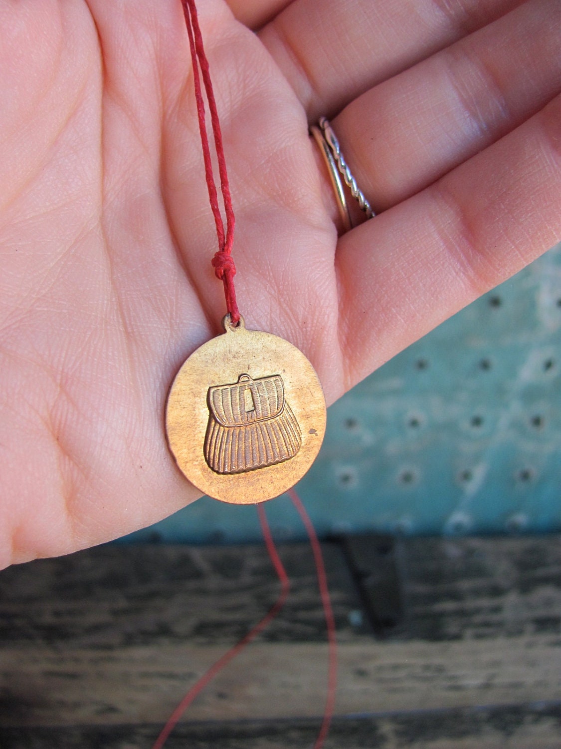 brass fishing creel charm necklace - red
