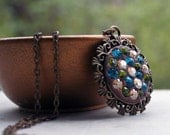 Pave Pendant Necklace in Brass Filigree with Turquoise, Green, and Champagne Swarovski Crystal Chatons