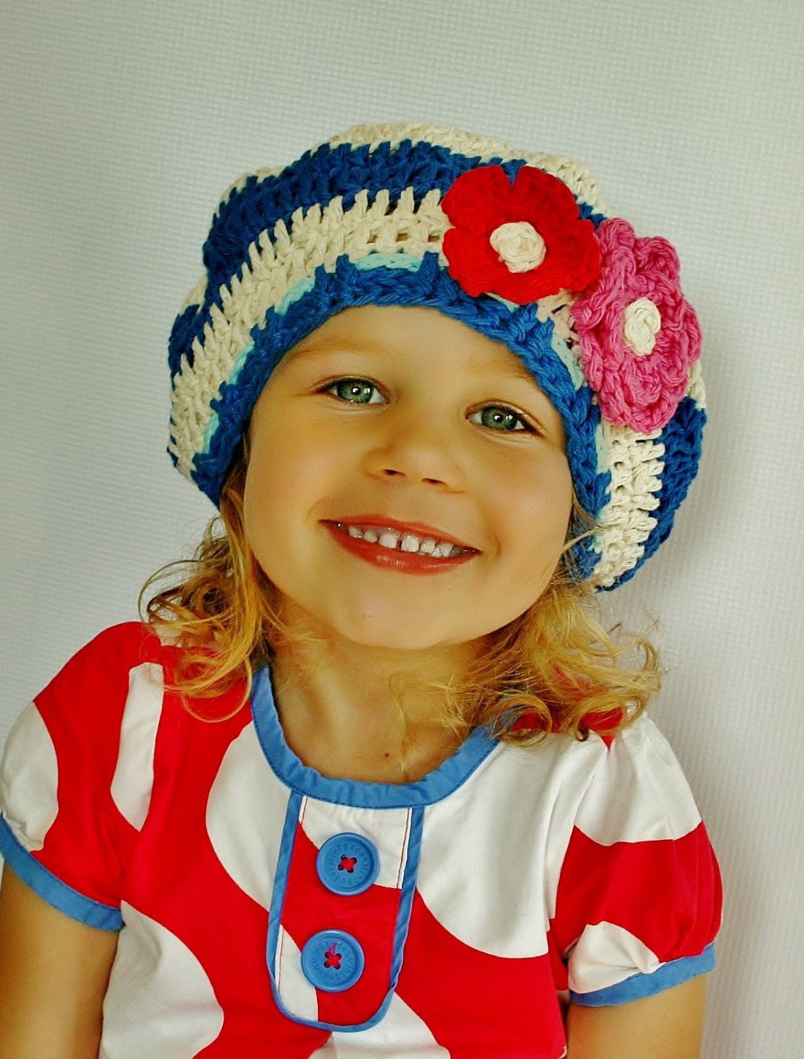 Girls Hat, Girls Slouchy Beret in Riviera Blue, Cream, Red and Bubblegum Pink, Crochet, Handmade, Retro, Toddler,
