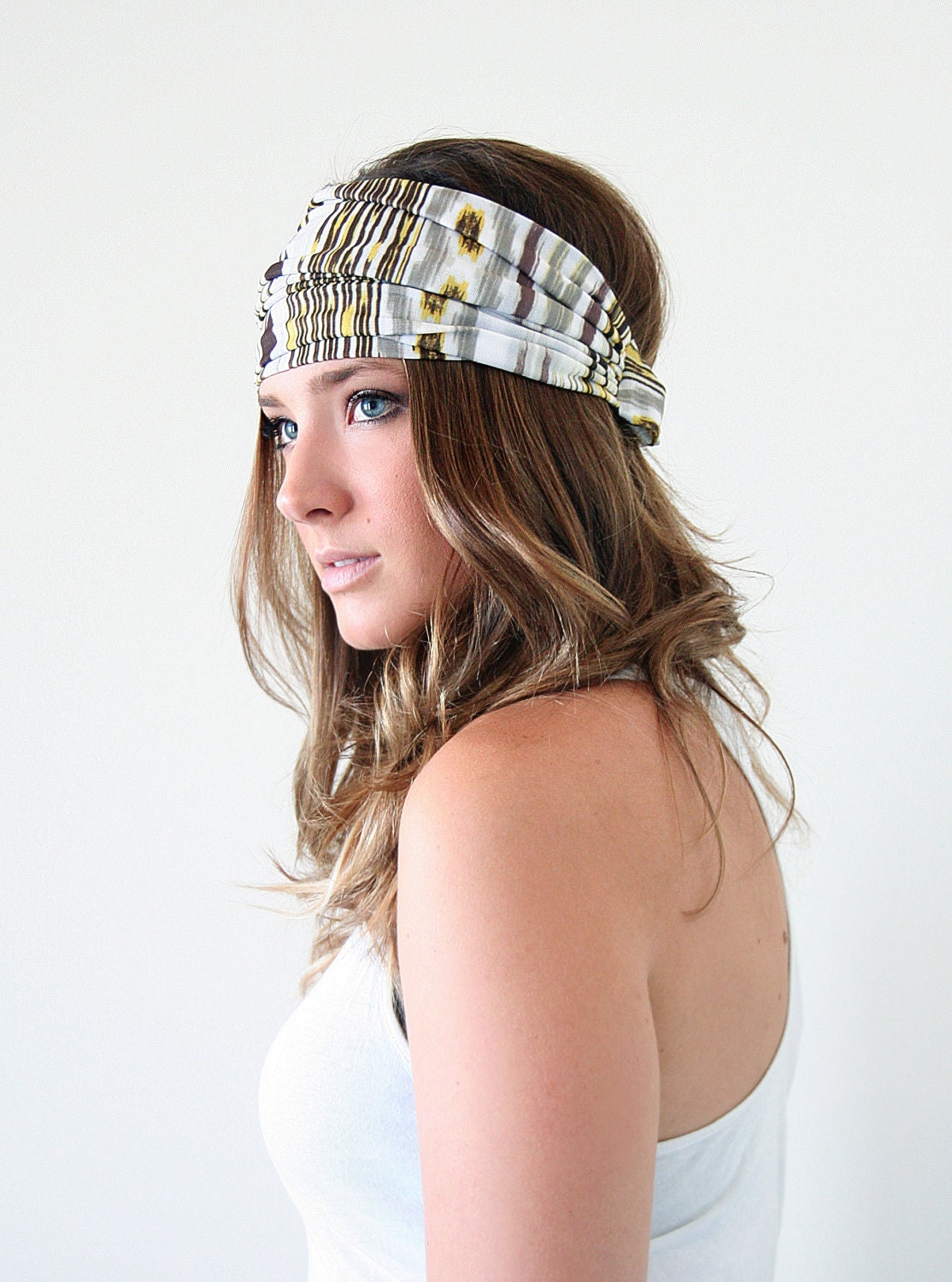 yellow headband, white head wrap, yellow, grey, brown, white, ikat turband chunky mesh headband, urban turban, headwrap, gym