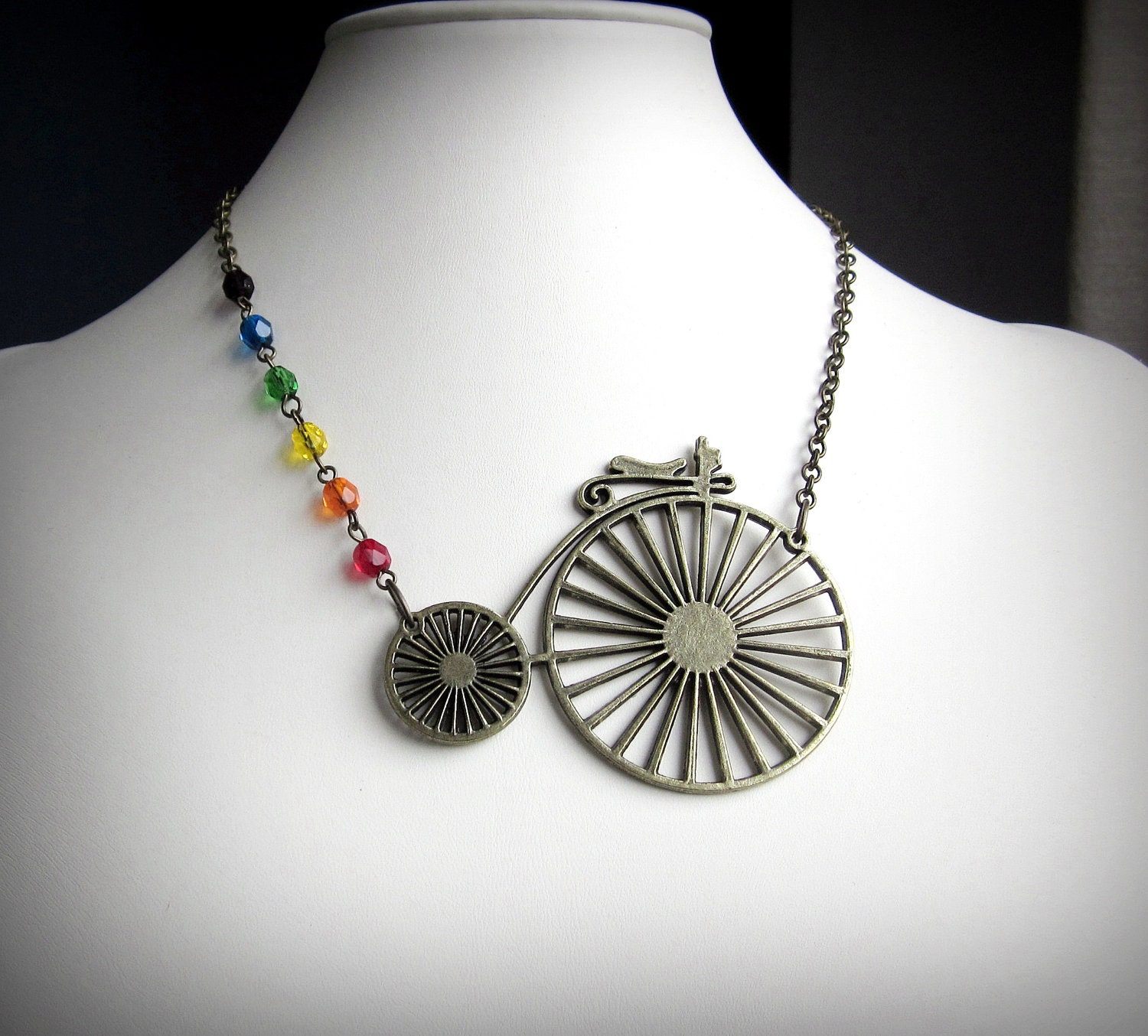 Bicycle Necklace, Rainbow Penny Farthing, Czech Glass Beads and Antiqued Brass
