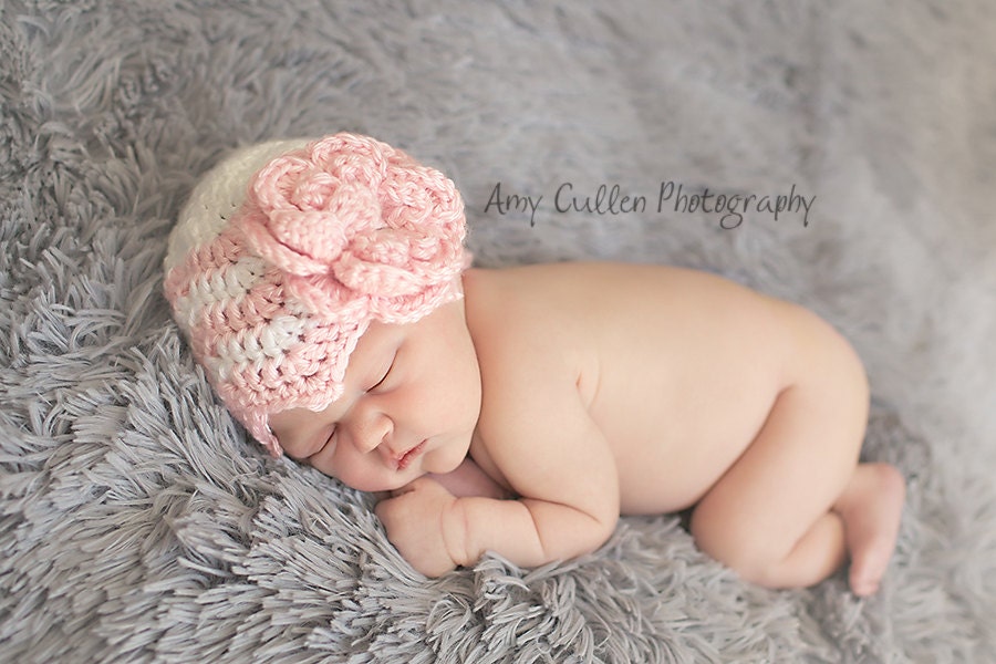SALE - Save 15% -Pink Chevron Hat - Baby Girl Hat -Pink or Yellow flower clip Hat -Choose your Bow Clip -by JoJosBootique