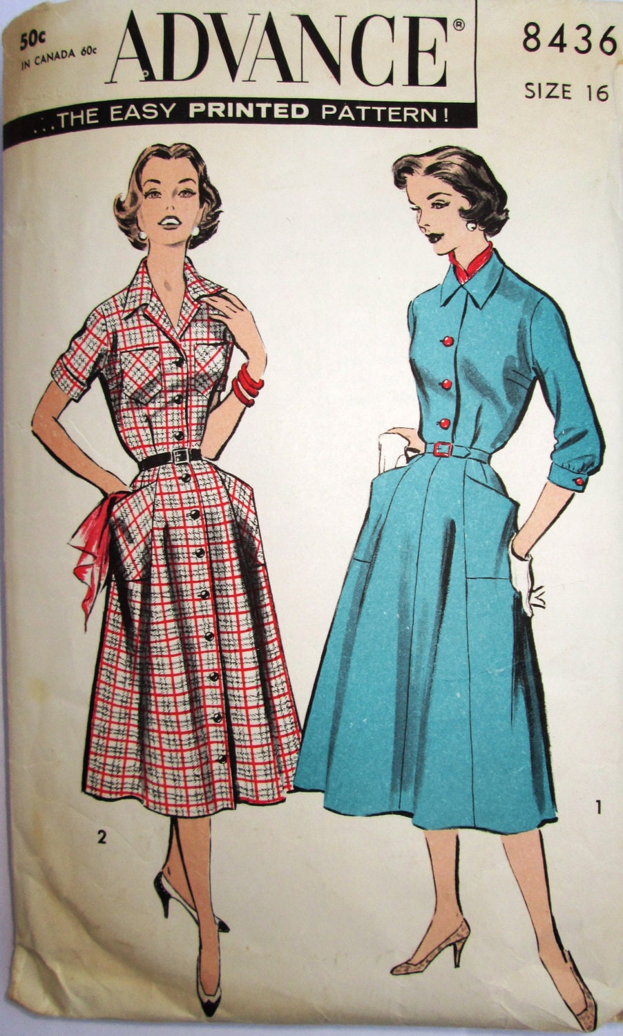 Advance 8436 Vintage Shirtwaist Dress Sewing Pattern 1950s