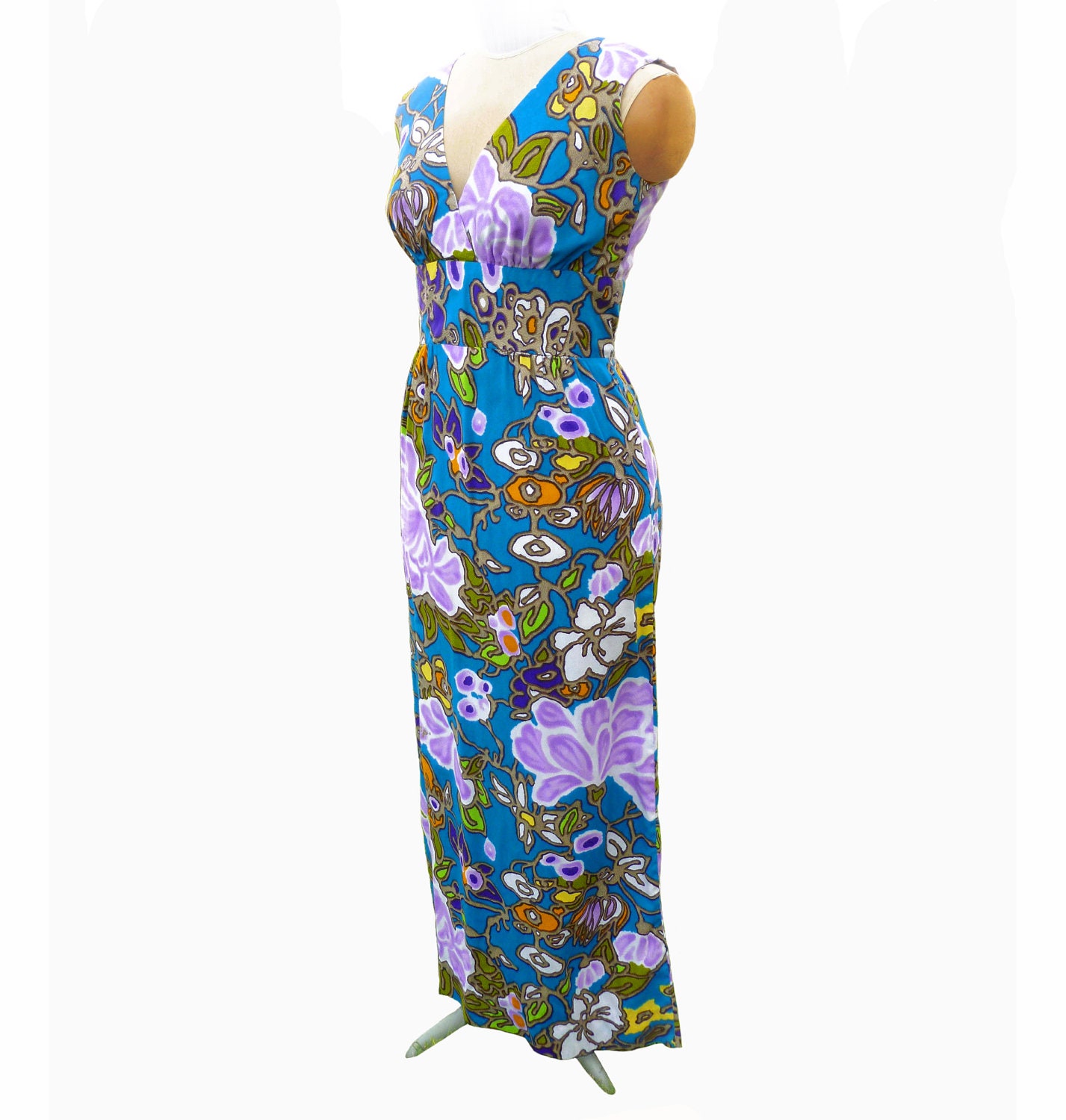 1960s Vintage Kimo's Polynesian Shop Hawaiian Print Maxi Dress Made in Hawaii, Tropical Colored Hawaiian Print, Vintage Size 10