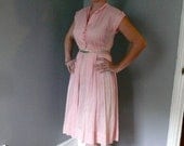 Vintage 1950s Day Dress, Pink Dress R & K Original, 50s White Polka Dot Dress