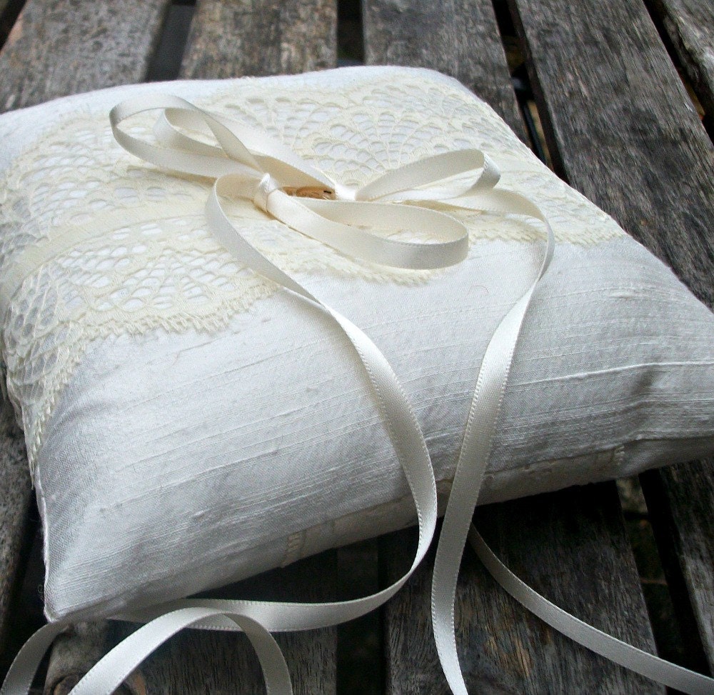 Wedding Ring Bearer Pillow, ring cushion in Ivory Raw  Silk With a Strip of Buttercream Vintage Lace