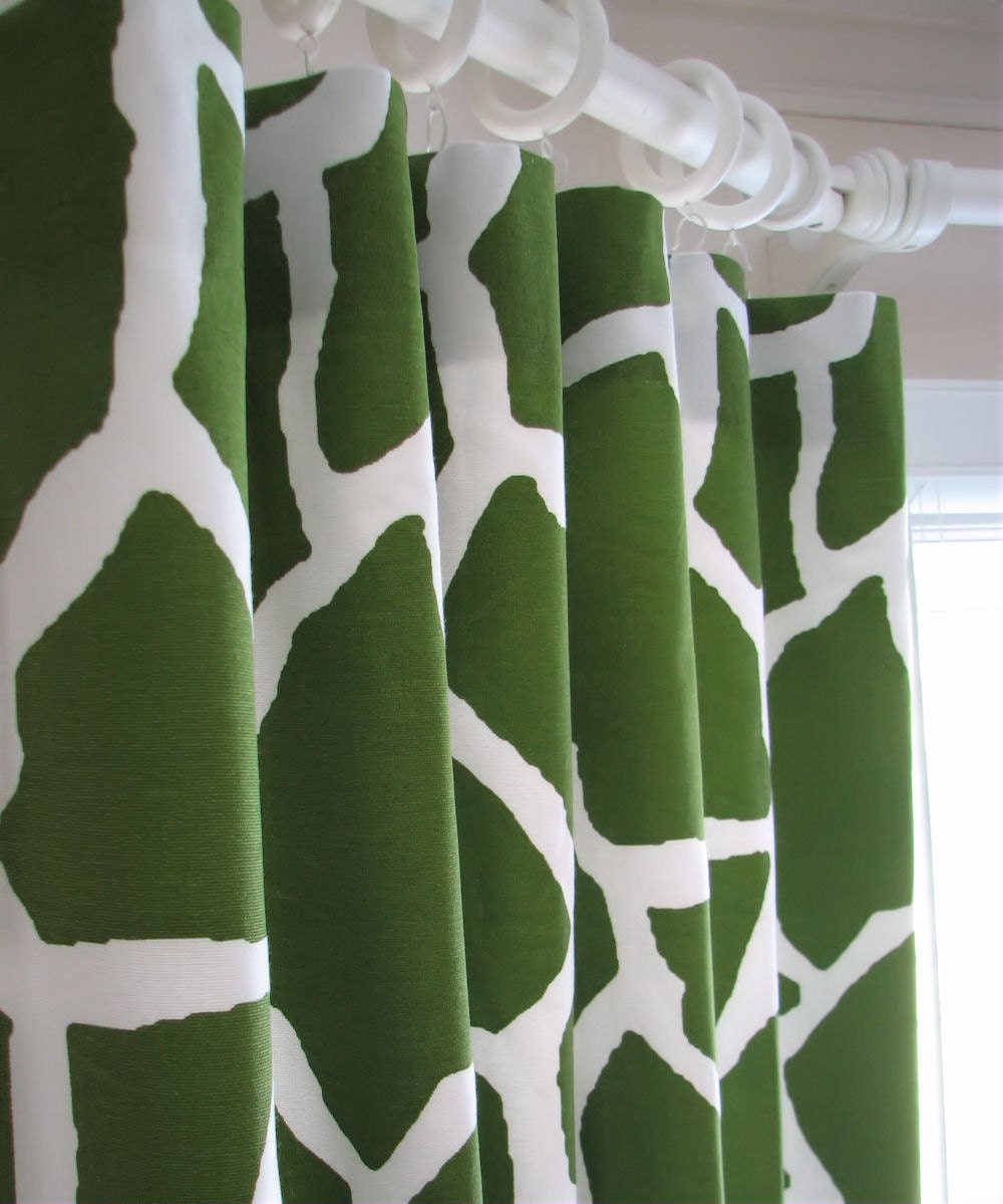 New - Pair of Decorative Designer Custom Curtains Drapes  50 x 100 Reese Green and White Giraffe Contemporary Modern