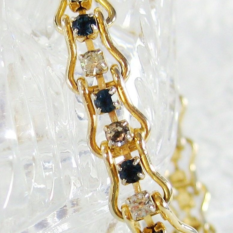 Vintage Rhinestone Bracelet, Cobalt Blue Rhinestones, Clear Glass Crystals, Gold Tone Link Chain, 1950s 1960s Mad Men Modern Jewelry