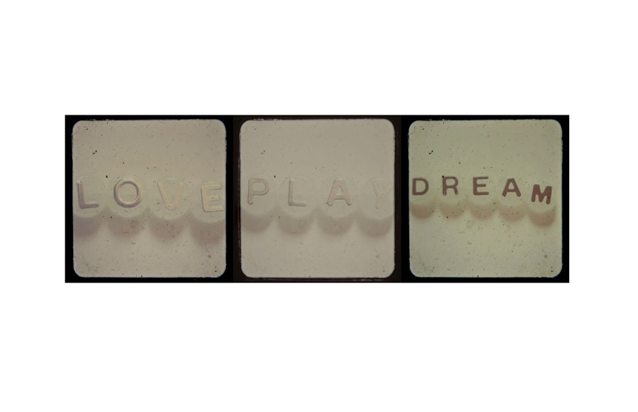 Love Play Dream photograph set - whimsical, typography,  hipster, retro, nursery decor, ttv,  set of 5x5 photographs