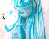 Hand Painted Silk Scarf, Retro Japanese Koi Scarf. Large Silk Scarf, Light Blue Silk Scarf. Approx 14x71 in.